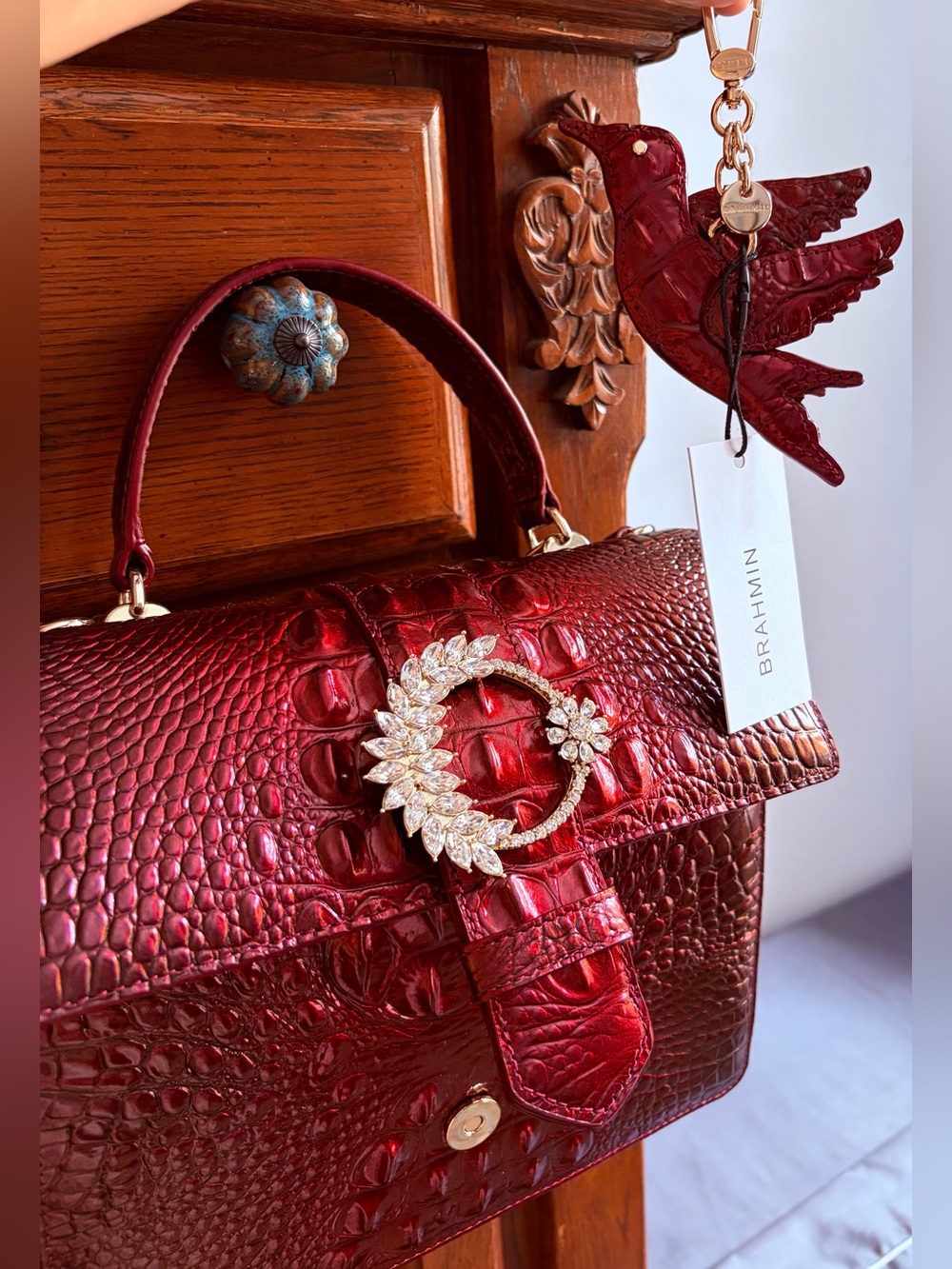 Brahmin Metallic Red Croc-Embossed Satchel with Crystal Wreath Buckle